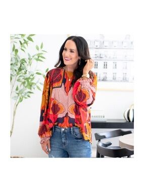 Anthropologie BL-NK London Floral Balloon-Sleeve Blouse in Pink, Red & Orange